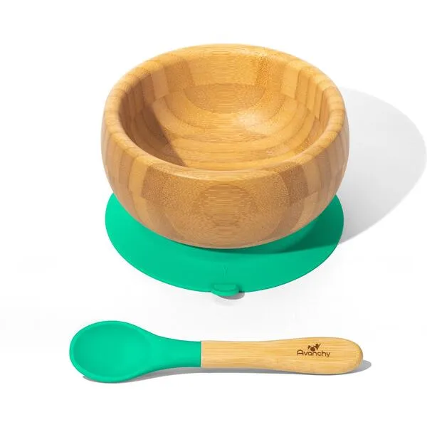 Avanchy Baby Bamboo Stay Put Suction Bowl + Spoon, Green