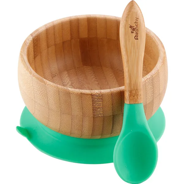 Avanchy Baby Bamboo Stay Put Suction Bowl + Spoon, Green