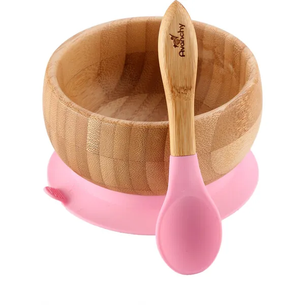 Avanchy Baby Bamboo Stay Put Suction Bowl + Spoon, Pink