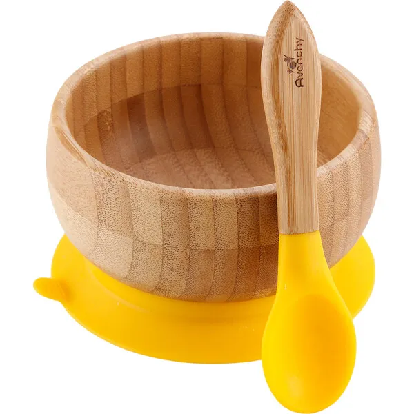 Avanchy Baby Bamboo Stay Put Suction Bowl + Spoon, Yellow