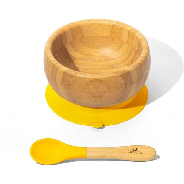 Avanchy Baby Bamboo Stay Put Suction Bowl + Spoon, Yellow