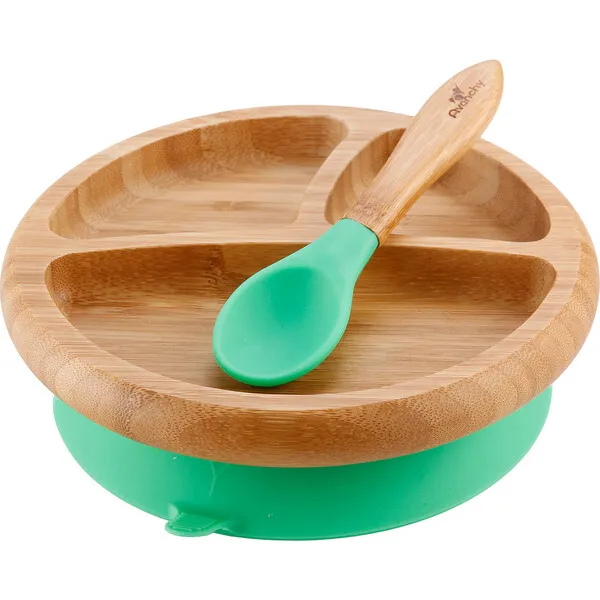 Avanchy Baby Bamboo Stay Put Suction Plate + Spoon, Green