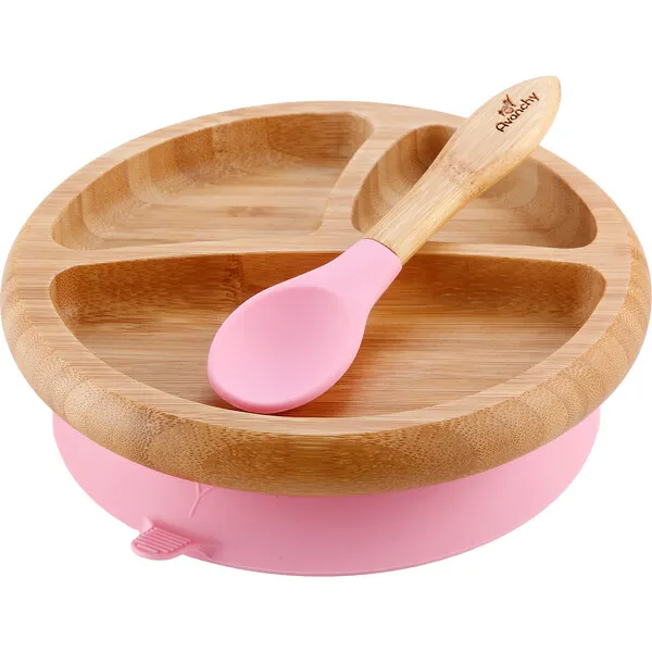 Avanchy Baby Bamboo Stay Put Suction Plate + Spoon, Pink