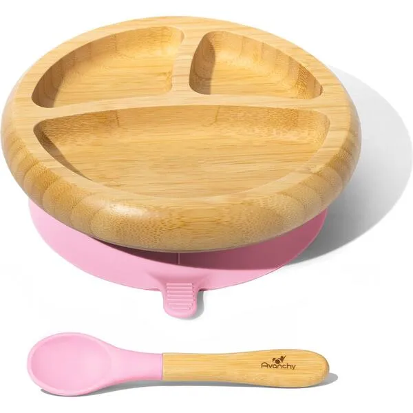 Avanchy Baby Bamboo Stay Put Suction Plate + Spoon, Pink