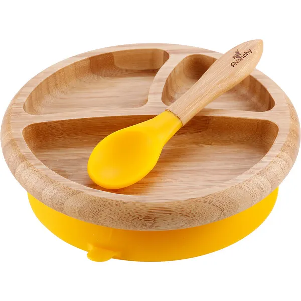 Avanchy Baby Bamboo Stay Put Suction Plate + Spoon, Yellow