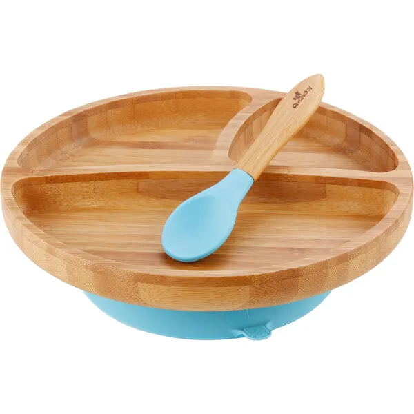 Avanchy Toddler Bamboo Stay Put Suction Plate + Spoon, Blue