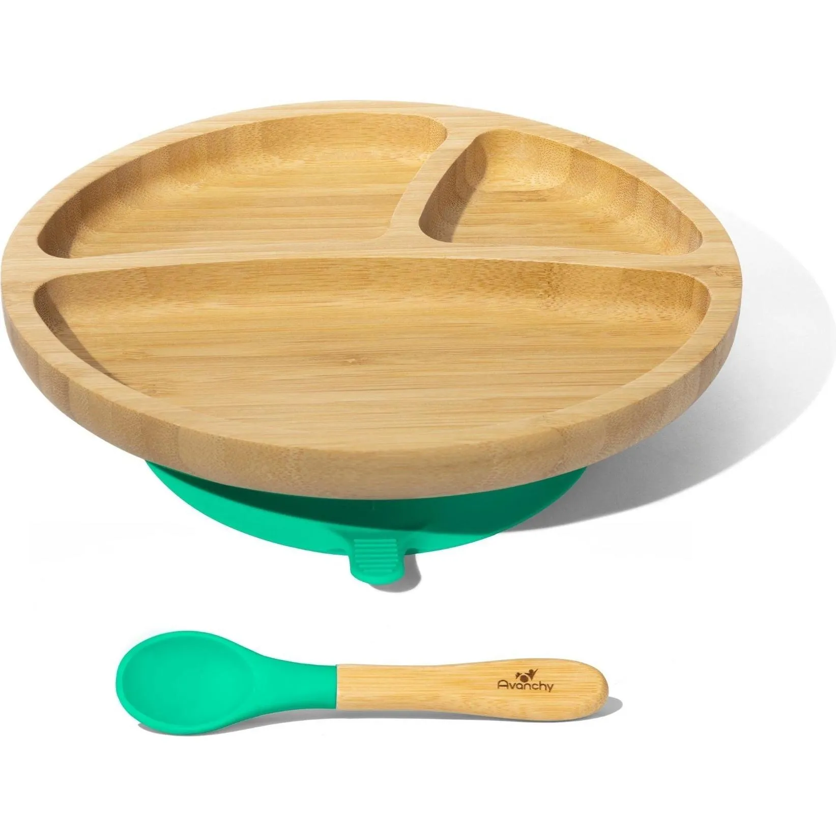 Avanchy Toddler Bamboo Stay Put Suction Plate + Spoon, Green