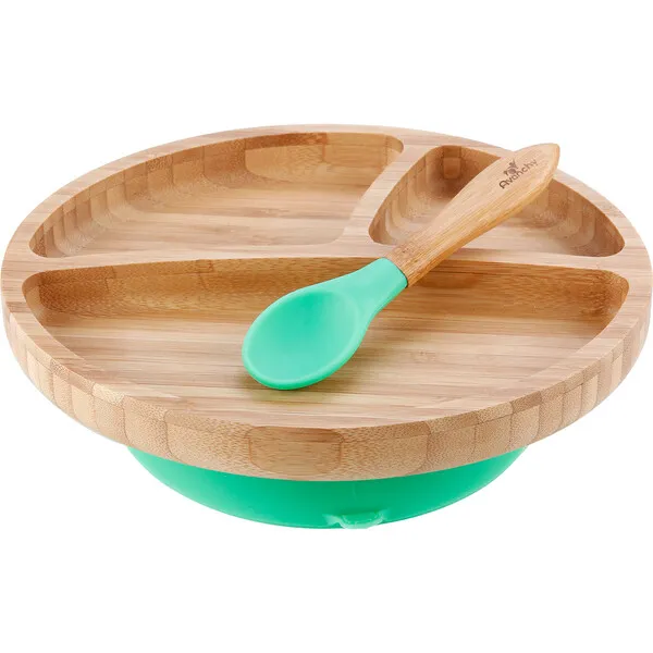 Avanchy Toddler Bamboo Stay Put Suction Plate + Spoon, Green