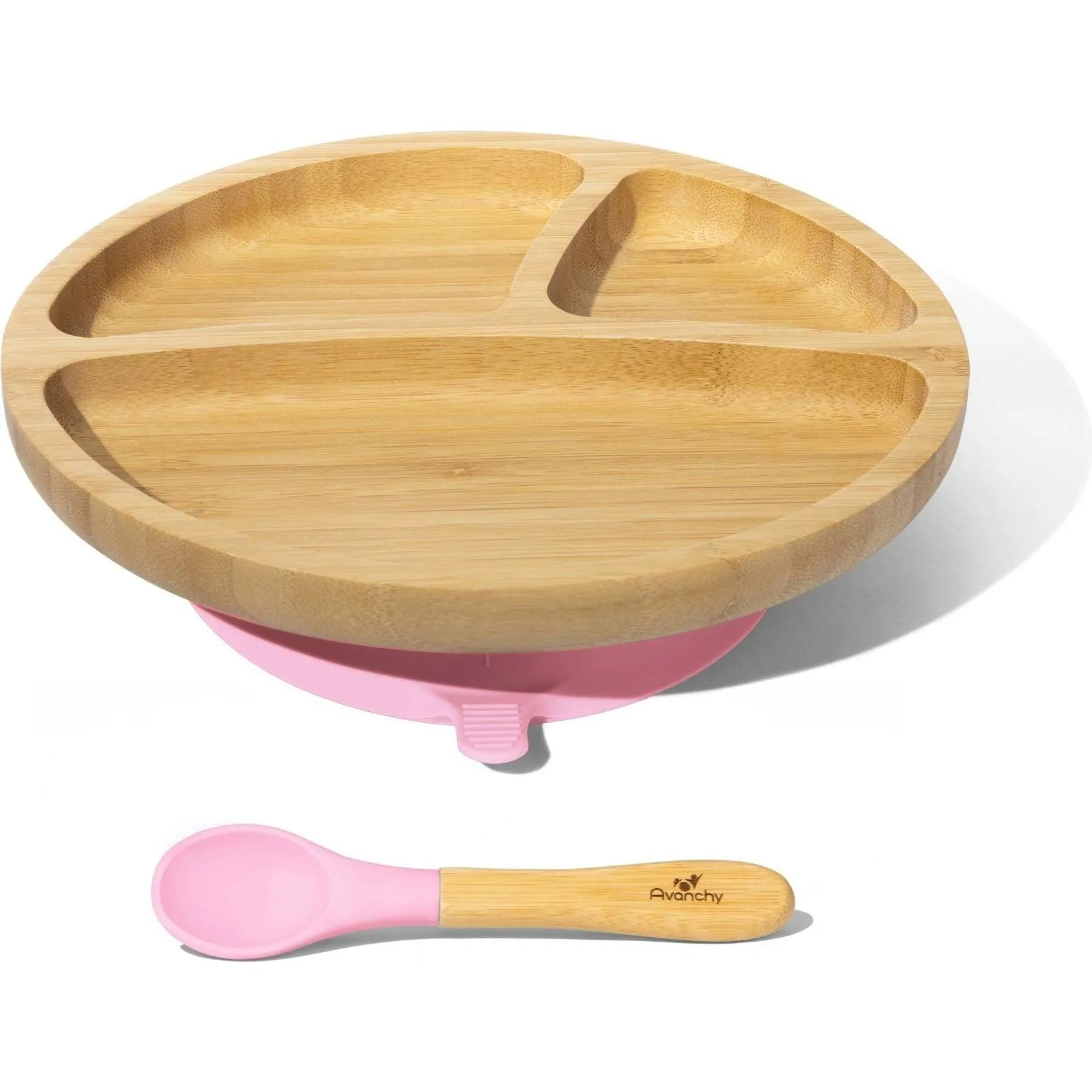 Avanchy Toddler Bamboo Stay Put Suction Plate + Spoon, Pink