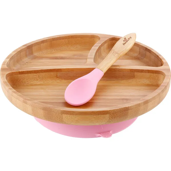 Avanchy Toddler Bamboo Stay Put Suction Plate + Spoon, Pink