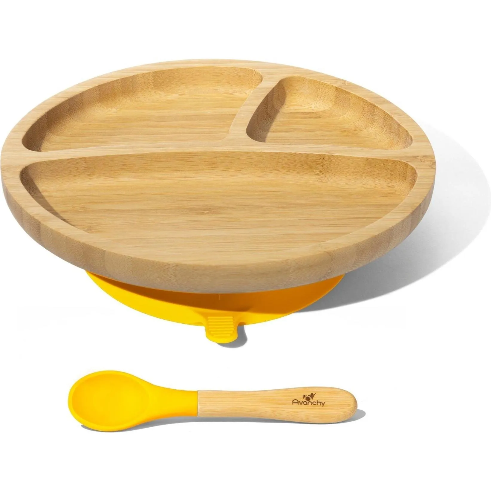 Avanchy Toddler Bamboo Stay Put Suction Plate + Spoon, Yellow