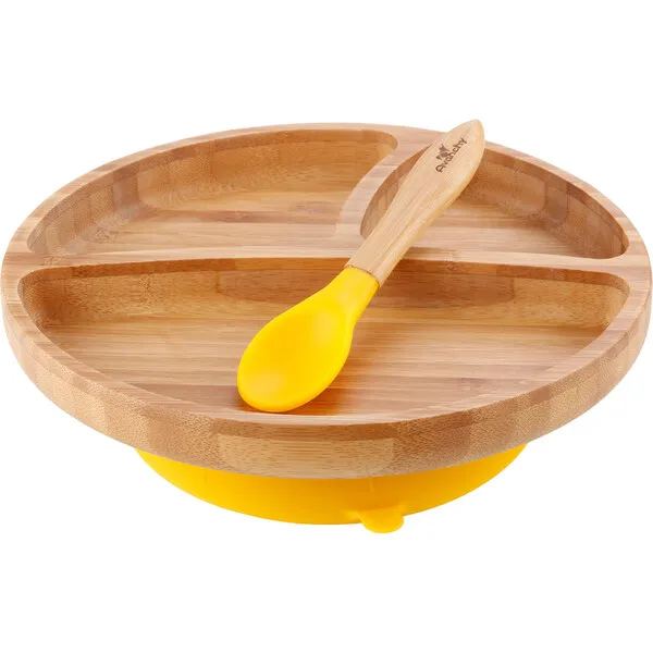 Avanchy Toddler Bamboo Stay Put Suction Plate + Spoon, Yellow