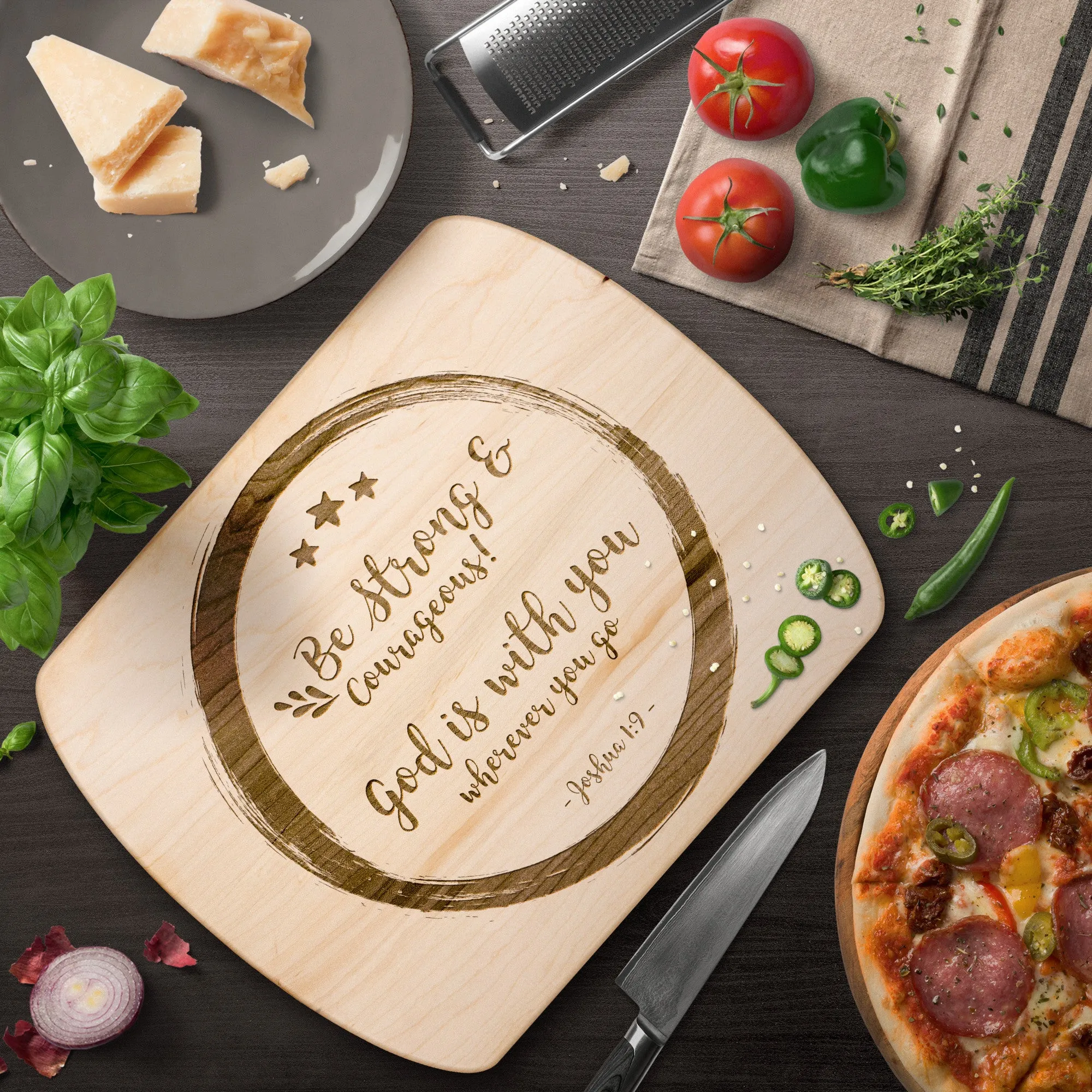 Bible Verse Hardwood Oval Cutting Board - Be Strong & Courageous ~Joshua 1:9~ Design 14