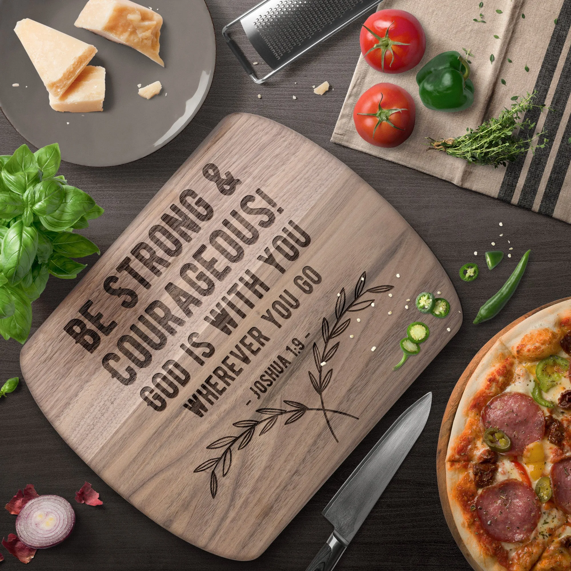 Bible Verse Hardwood Oval Cutting Board - Be Strong & Courageous ~Joshua 1:9~ Design 1