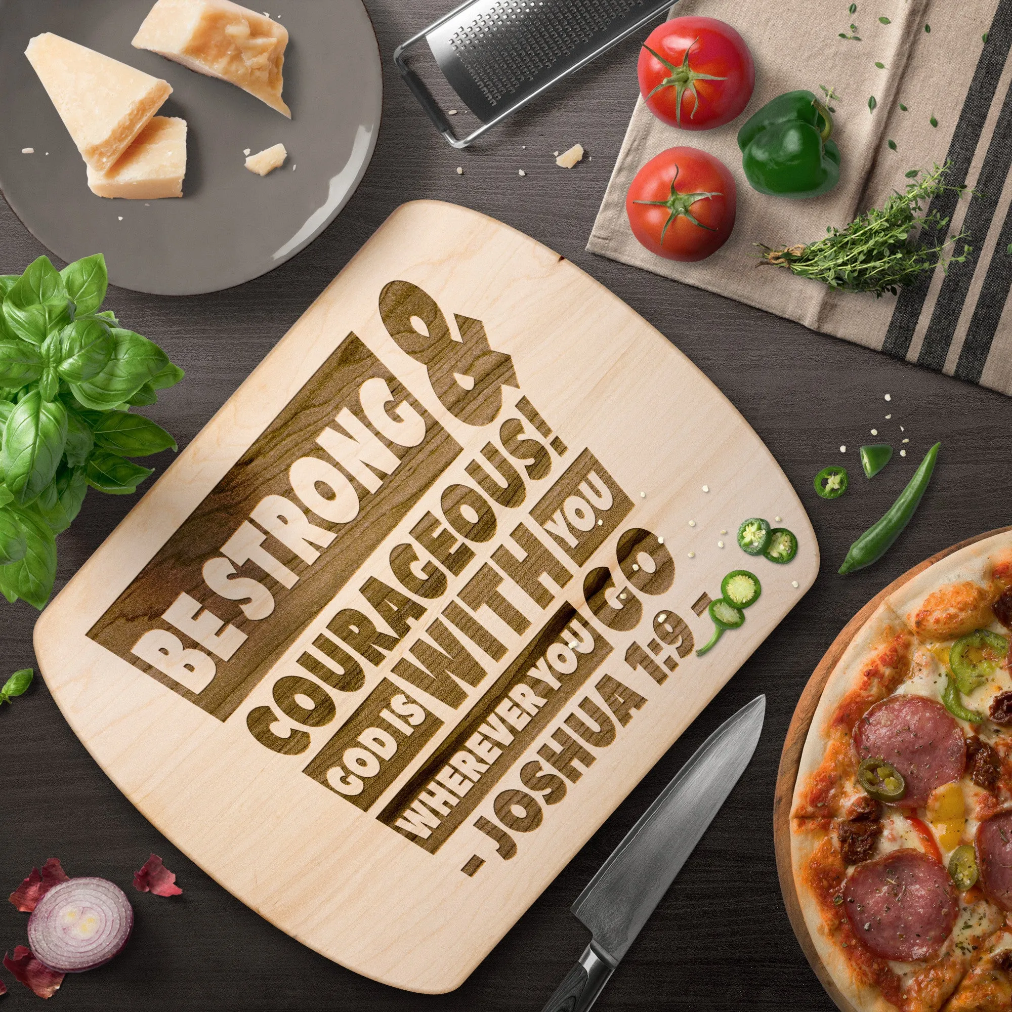 Bible Verse Hardwood Oval Cutting Board - Be Strong & Courageous ~Joshua 1:9~ Design 3