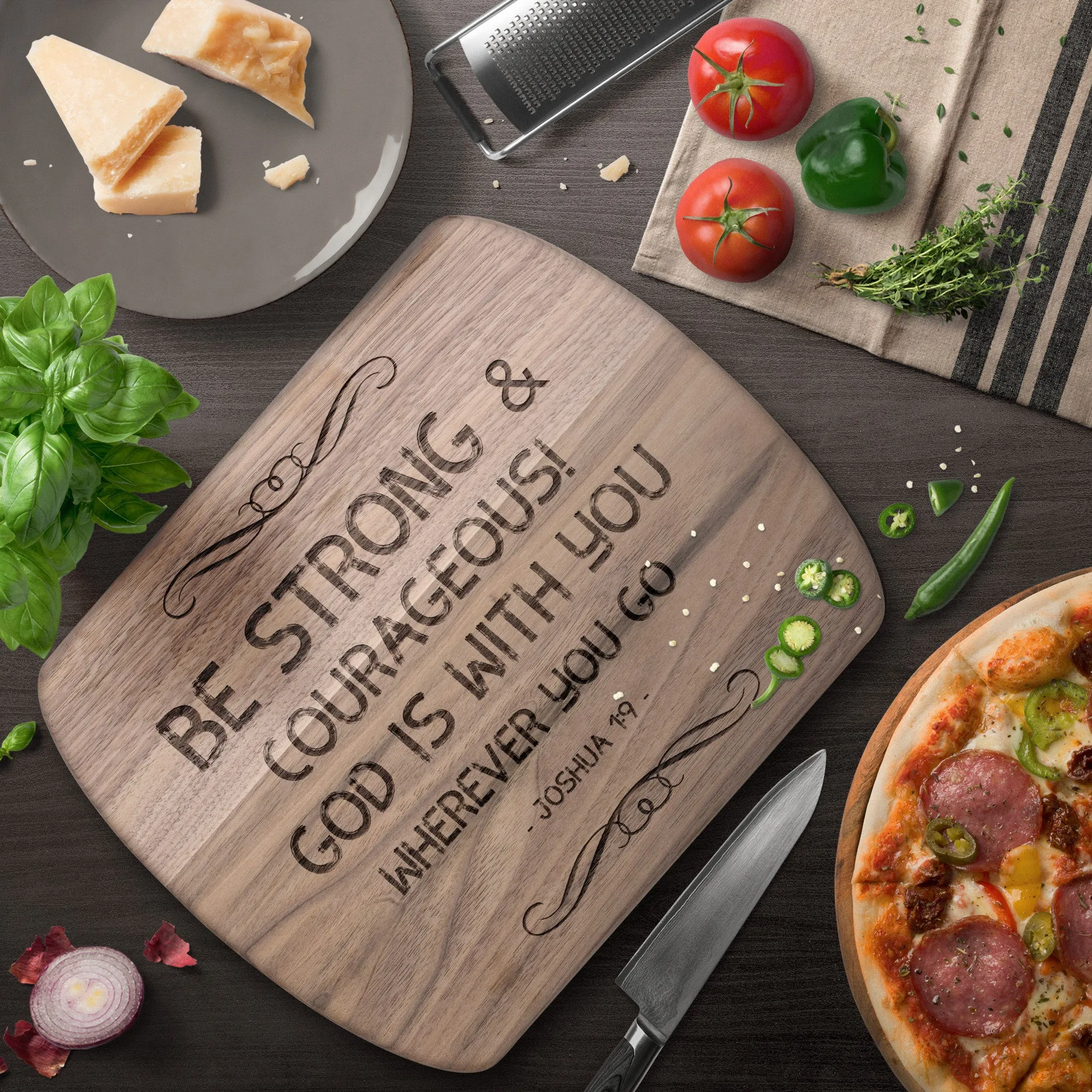 Bible Verse Hardwood Oval Cutting Board - Be Strong & Courageous ~Joshua 1:9~ Design 5