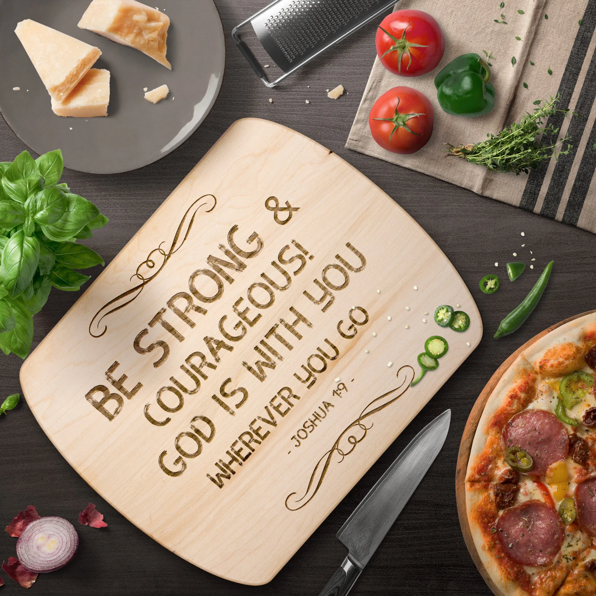 Bible Verse Hardwood Oval Cutting Board - Be Strong & Courageous ~Joshua 1:9~ Design 5