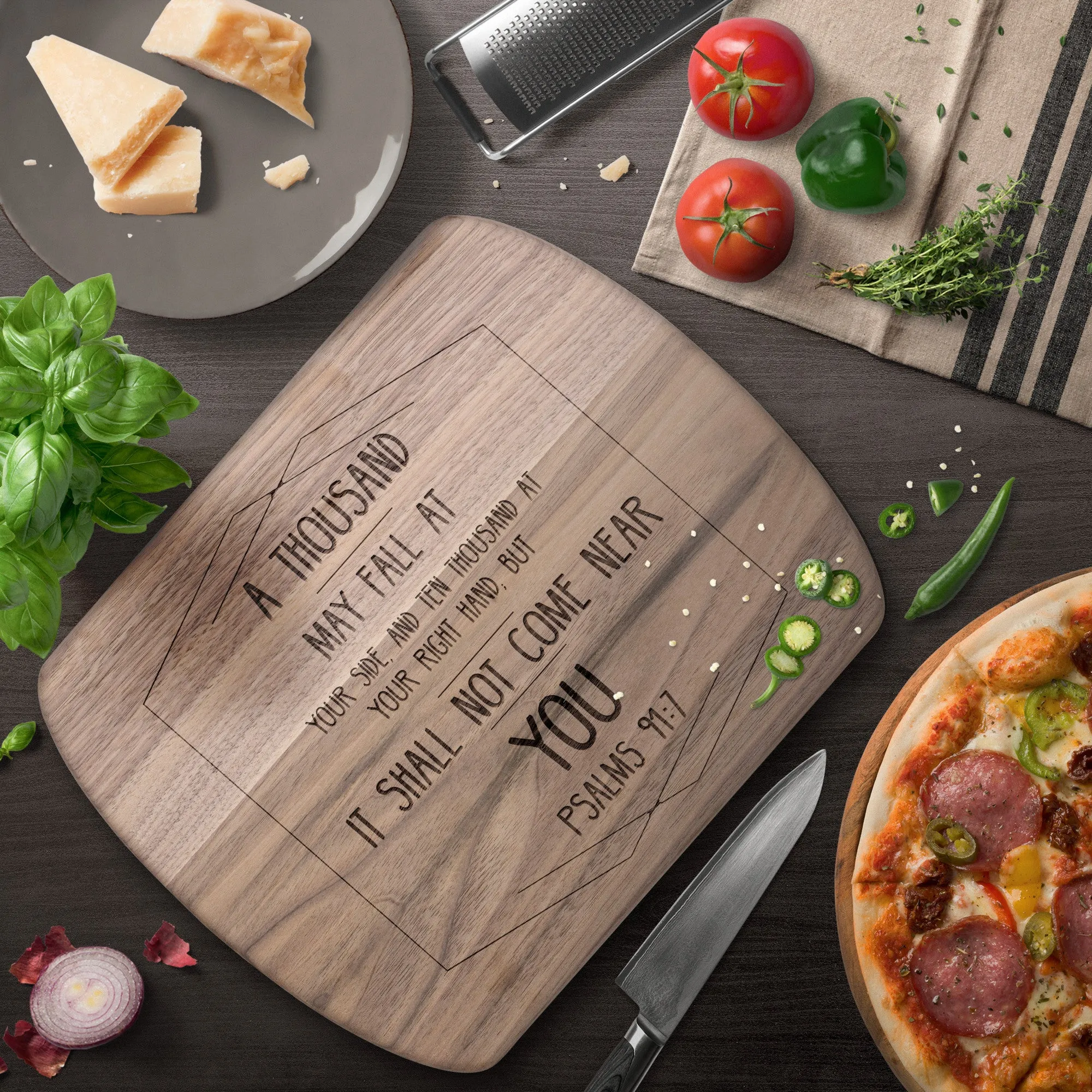 Bible Verse Hardwood Oval Cutting Board - It Shall Not Come Near You ~Psalm 91:7~ Design 2