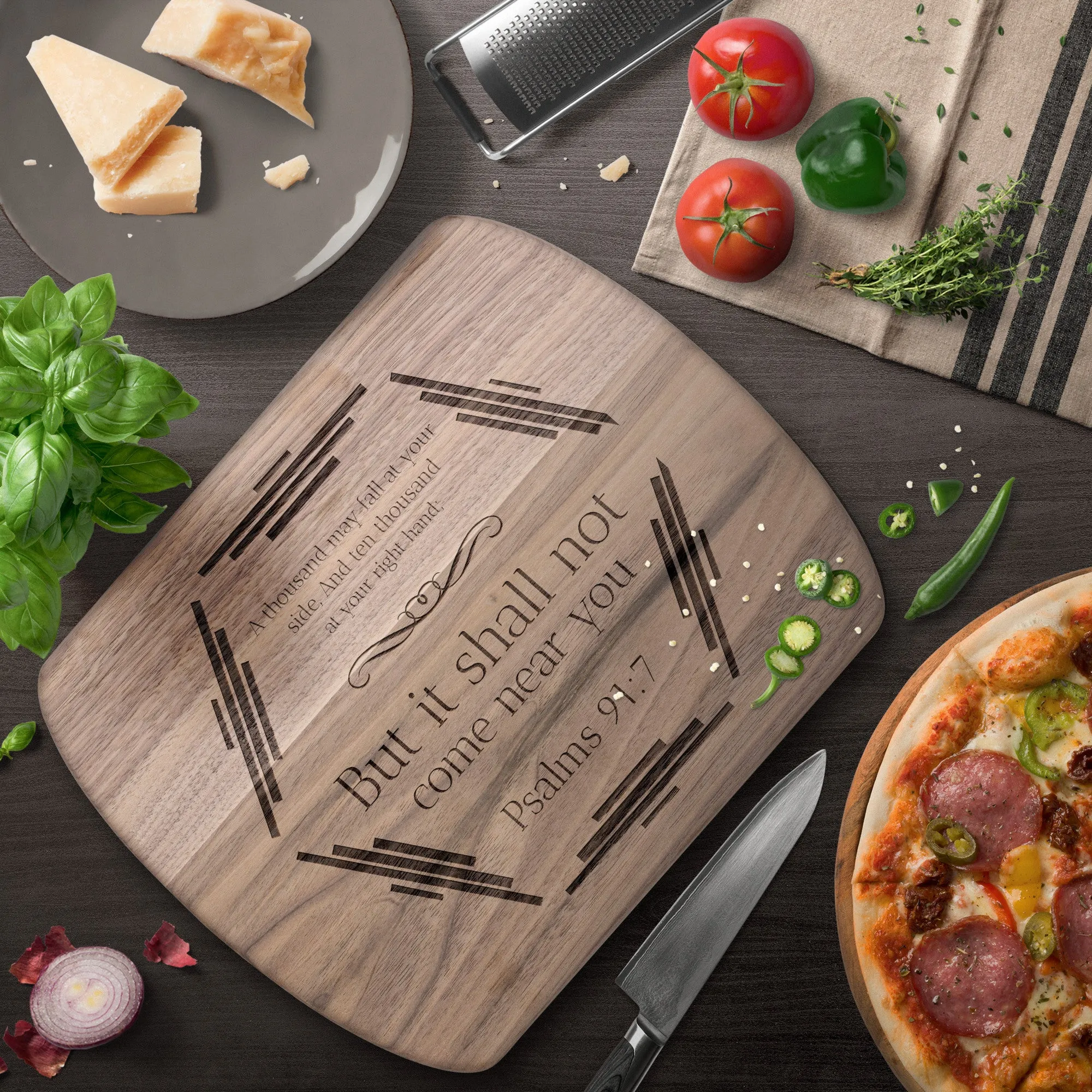 Bible Verse Hardwood Oval Cutting Board - It Shall Not Come Near You ~Psalm 91:7~ Design 3