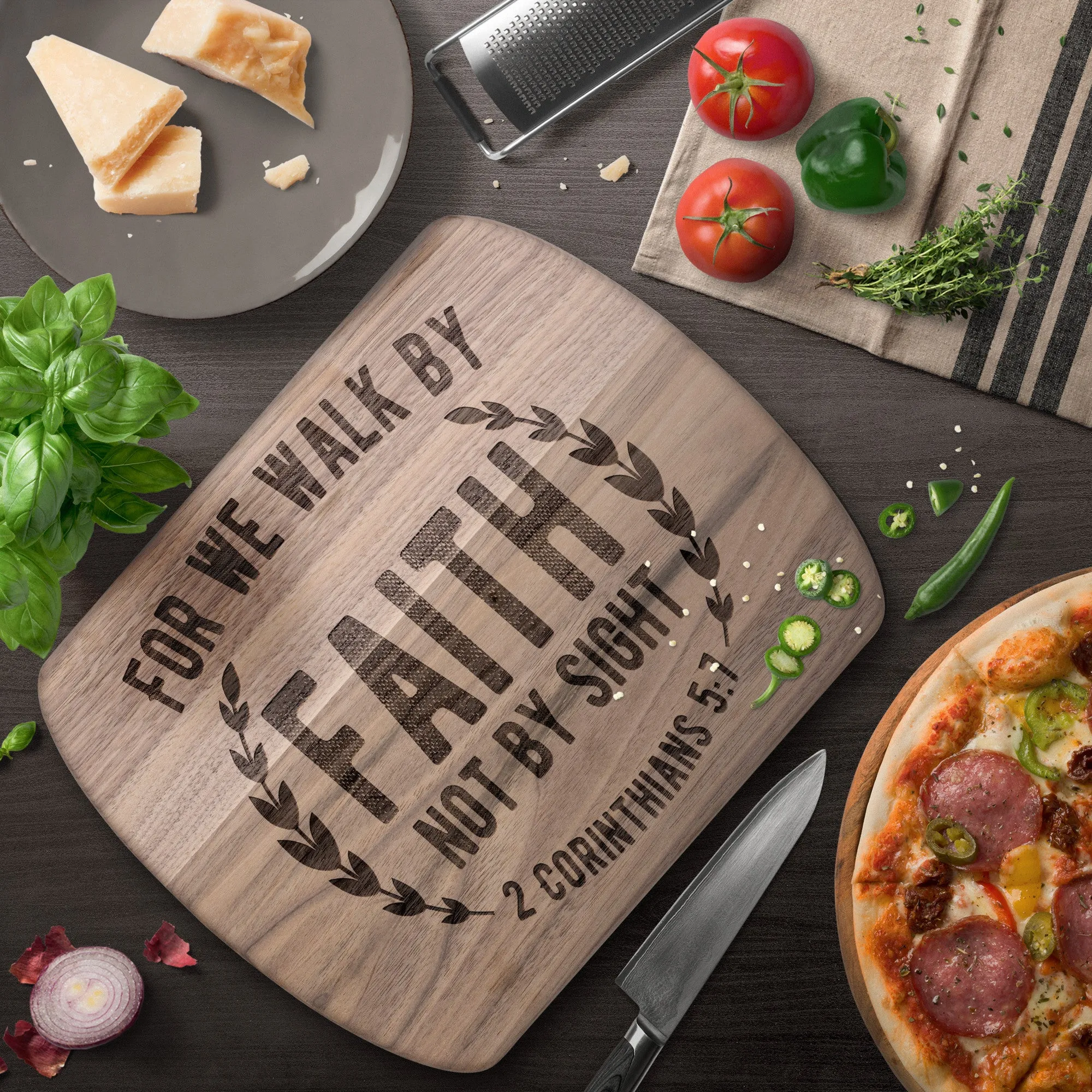 Bible Verse Hardwood Oval Cutting Board - Walk By Faith ~2 Corinthians 5-7~ Design 1