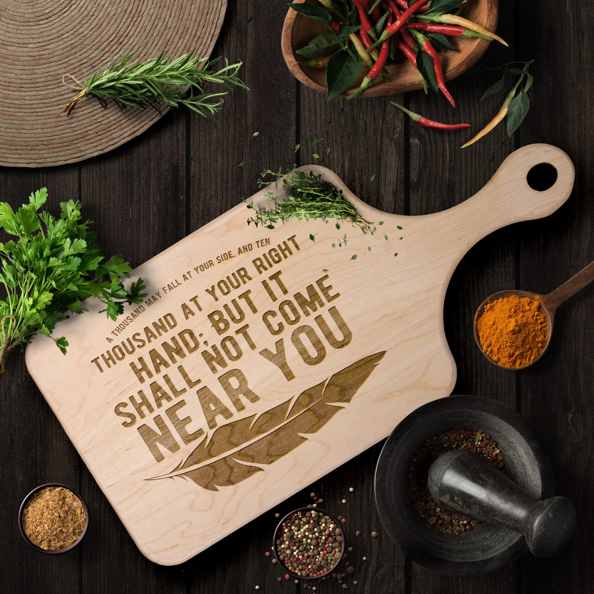 Bible Verse Hardwood Paddle Cutting Board - It Shall Not Come Near You ~Psalm 91:7~ Design 4