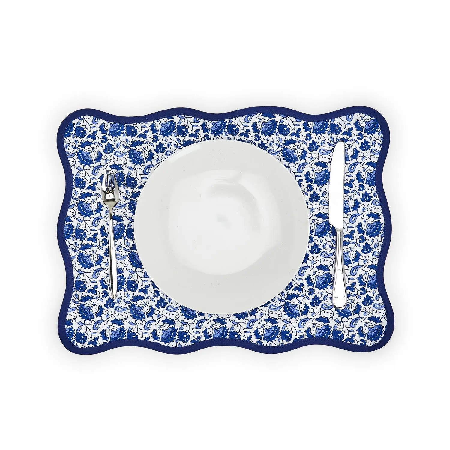 Blue Floral Scalloped Edge Trim Placemats (Set of 4)