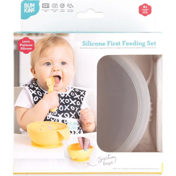 Bumkins Silicone First Feeding Set w/ Lid & Spoon, Sand