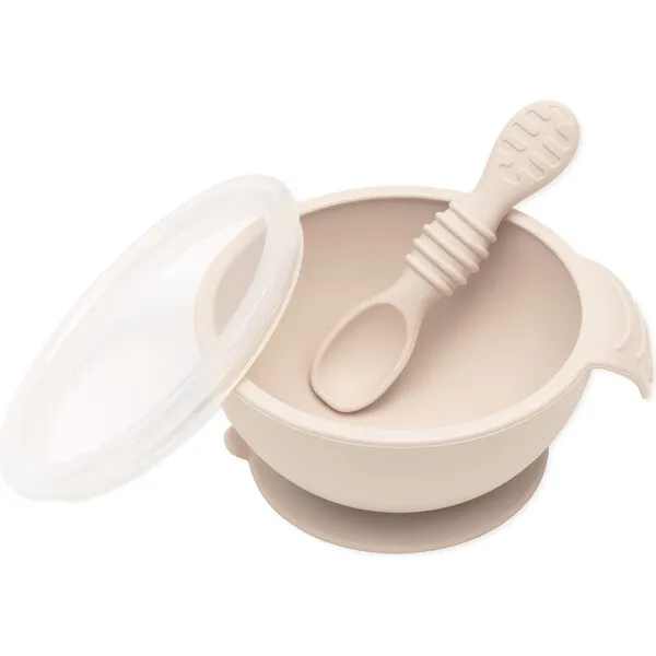 Bumkins Silicone First Feeding Set w/ Lid & Spoon, Sand