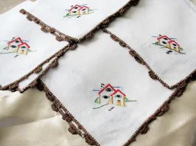 CHARMING Linen Napkins,Embroidered Cottages,Luncheon Tea Dinner Napkins,Quality Linens,Vintage Linens, Farmhouse,French Decor,Co