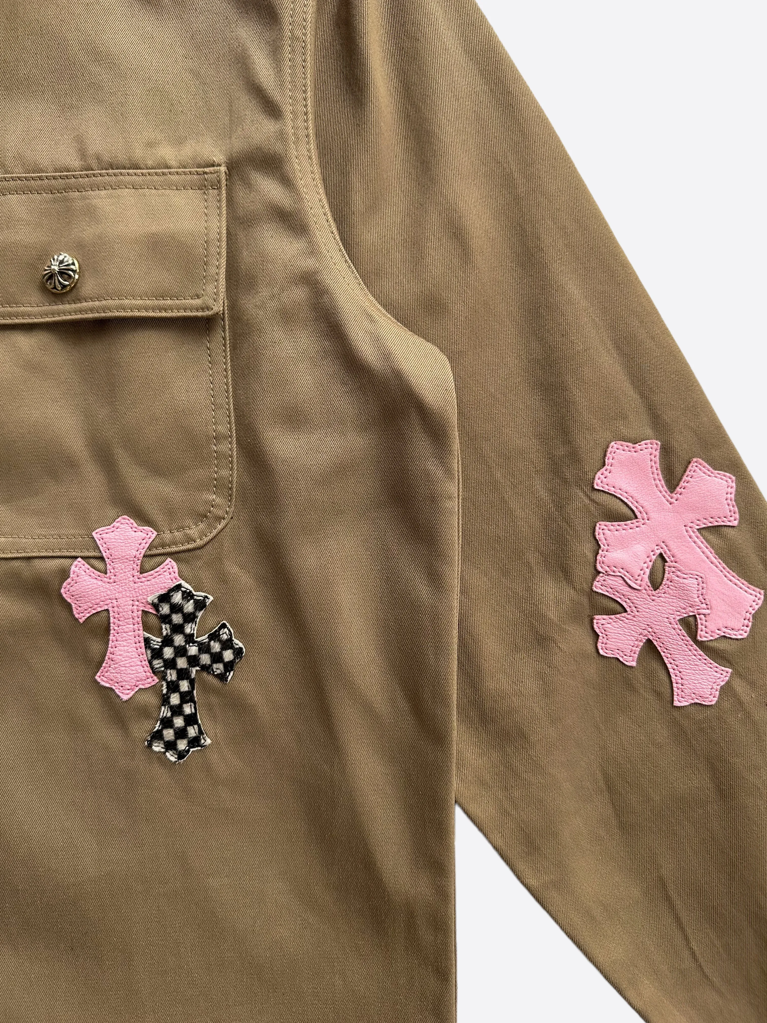 Chrome Hearts Tan Pink & Checkered Cross Patch Work Dog Jacket