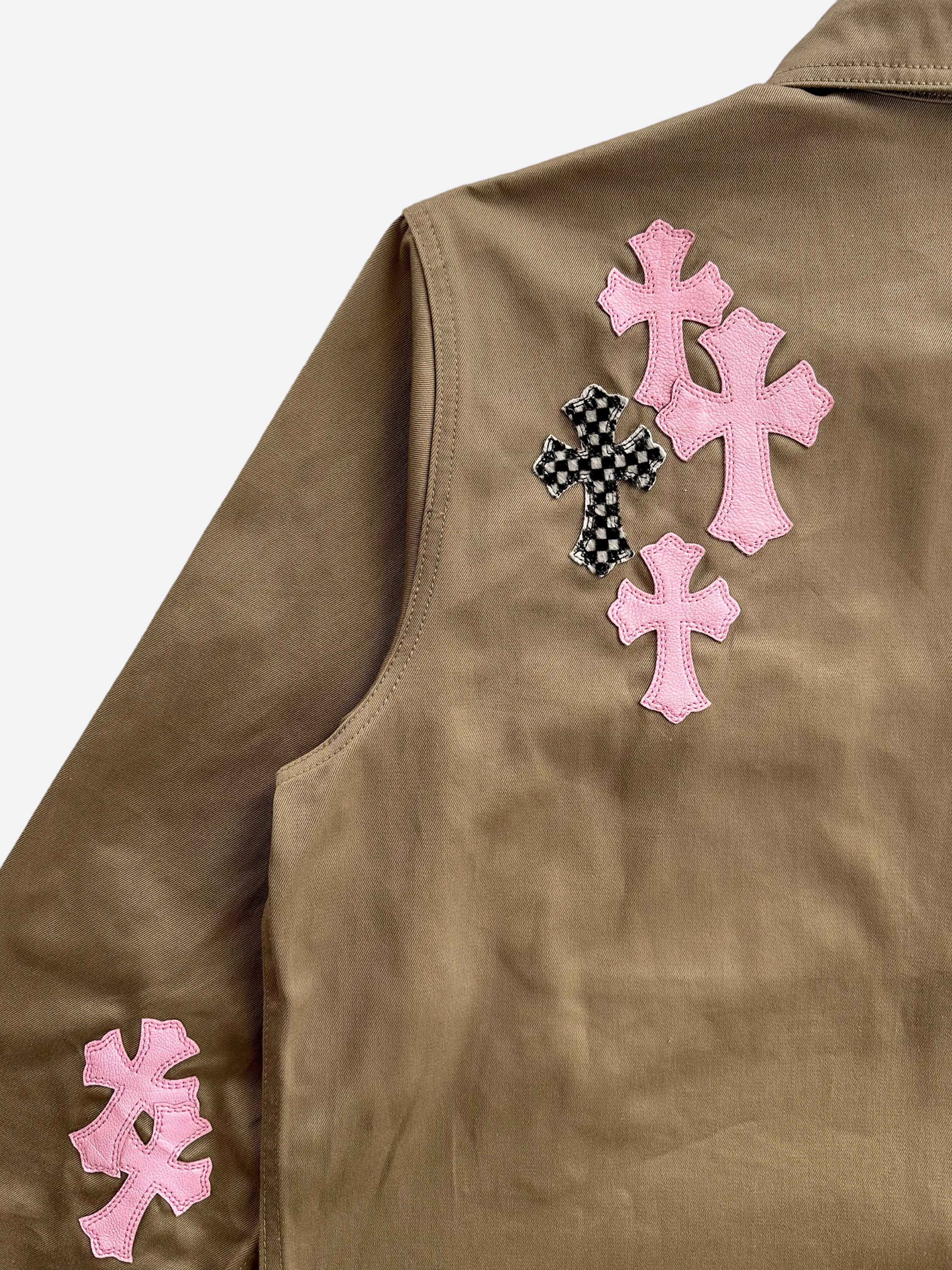 Chrome Hearts Tan Pink & Checkered Cross Patch Work Dog Jacket