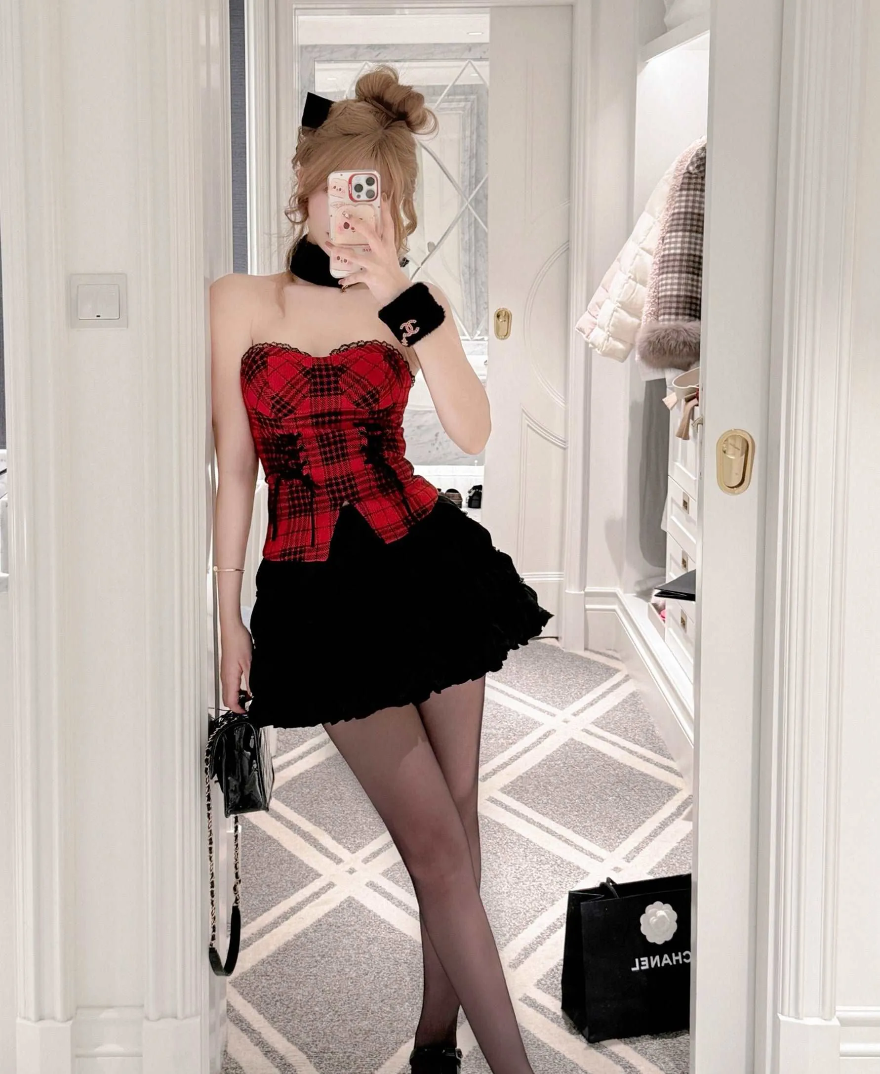 Creamy Sweet Chic Holiday Plaid Red Tube Top & Black Tutu Skirt & Jacket Three Piece Set