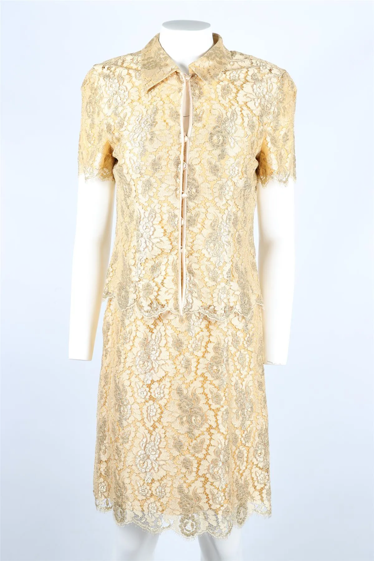 ESCADA COUTURE GOLD VINTAGE LACE DRESS AND JACKET SET DE 38 UK 10