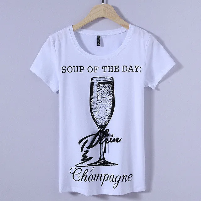 Fashion New Short Sleeve T-shirts Plus Size Female t shirts Wine Glass Letter Print Top O-neck Women tshirts 72387 SM6