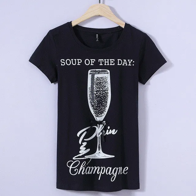 Fashion New Short Sleeve T-shirts Plus Size Female t shirts Wine Glass Letter Print Top O-neck Women tshirts 72387 SM6