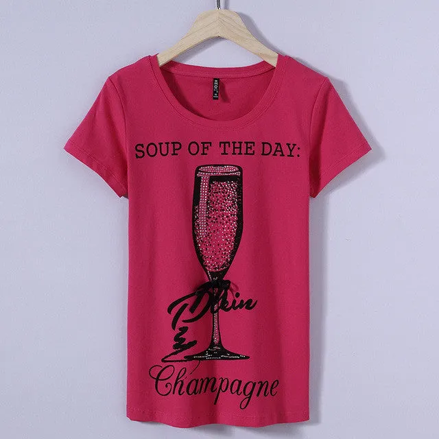 Fashion New Short Sleeve T-shirts Plus Size Female t shirts Wine Glass Letter Print Top O-neck Women tshirts 72387 SM6