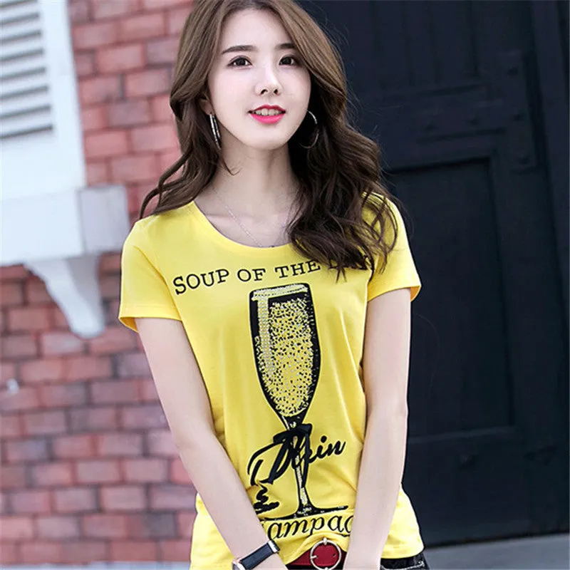 Fashion New Short Sleeve T-shirts Plus Size Female t shirts Wine Glass Letter Print Top O-neck Women tshirts 72387 SM6