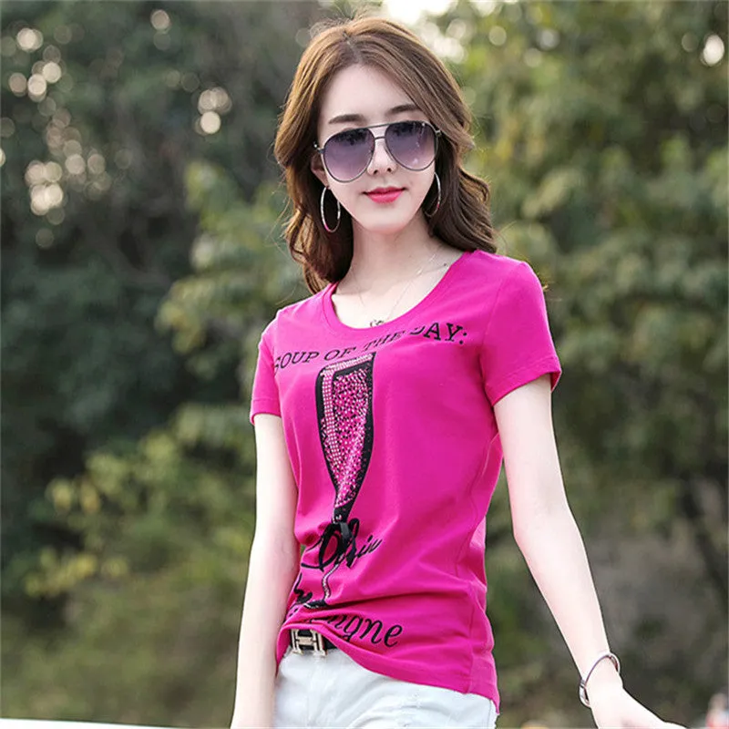 Fashion New Short Sleeve T-shirts Plus Size Female t shirts Wine Glass Letter Print Top O-neck Women tshirts 72387 SM6