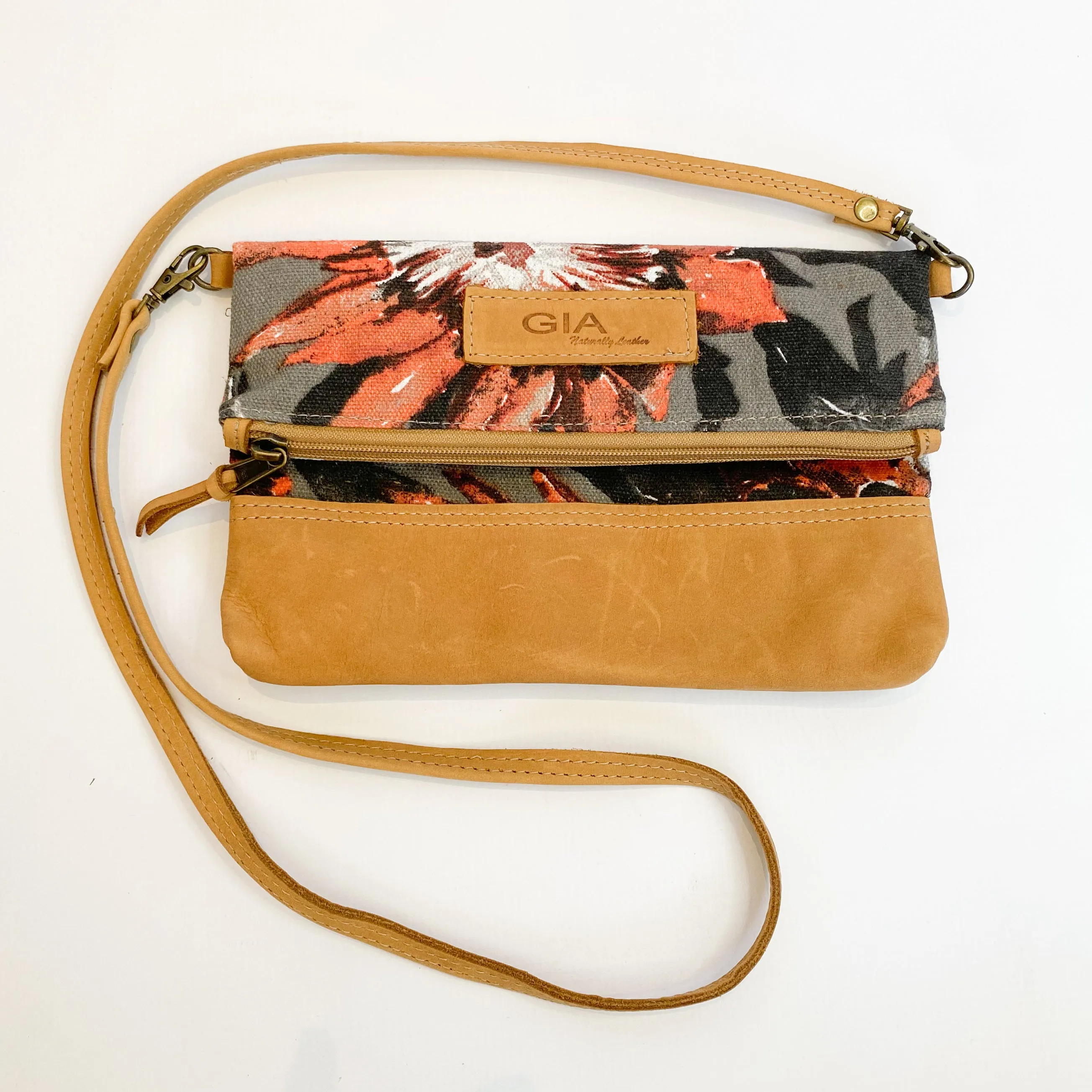 Gia leather and protea foldover bag