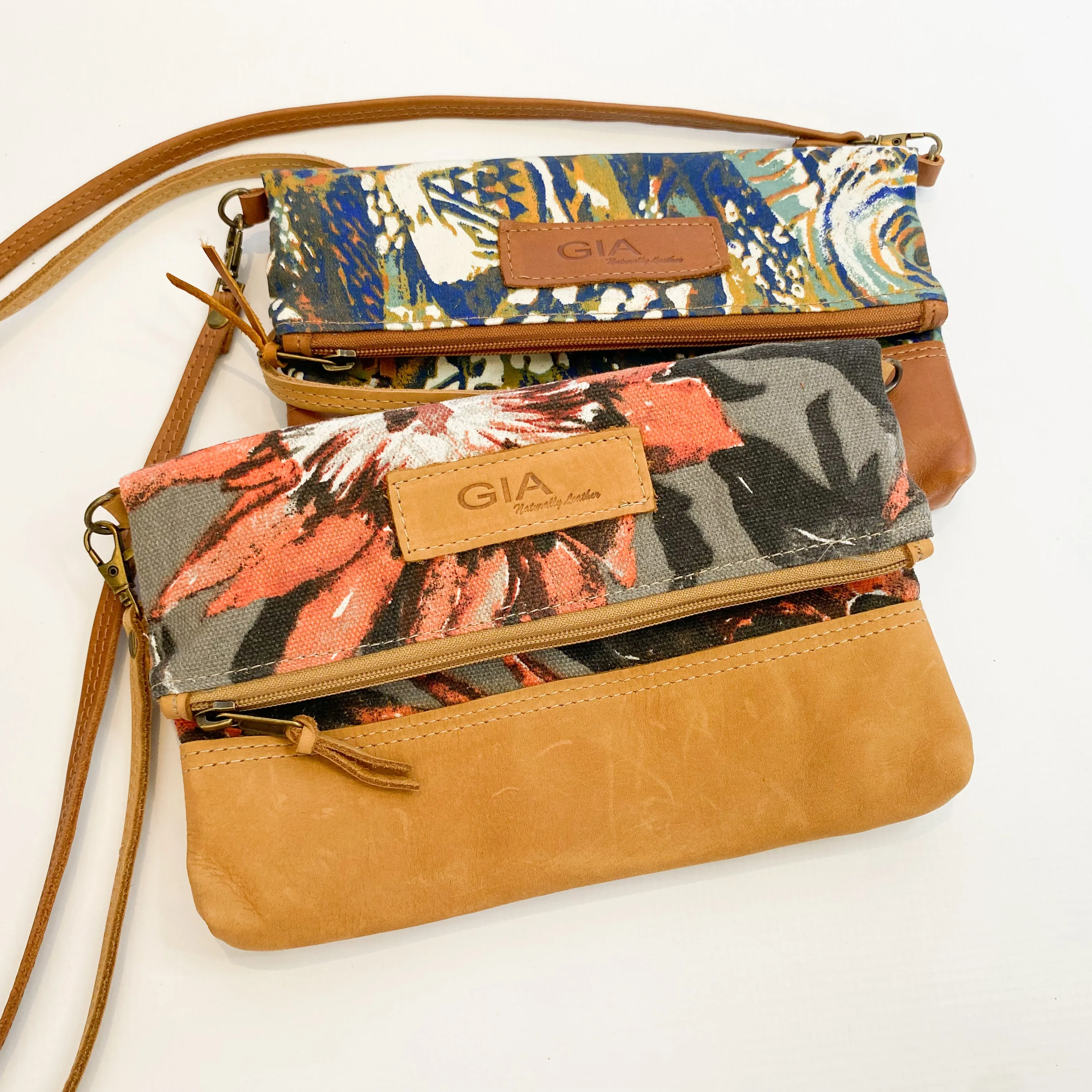 Gia leather and protea foldover bag