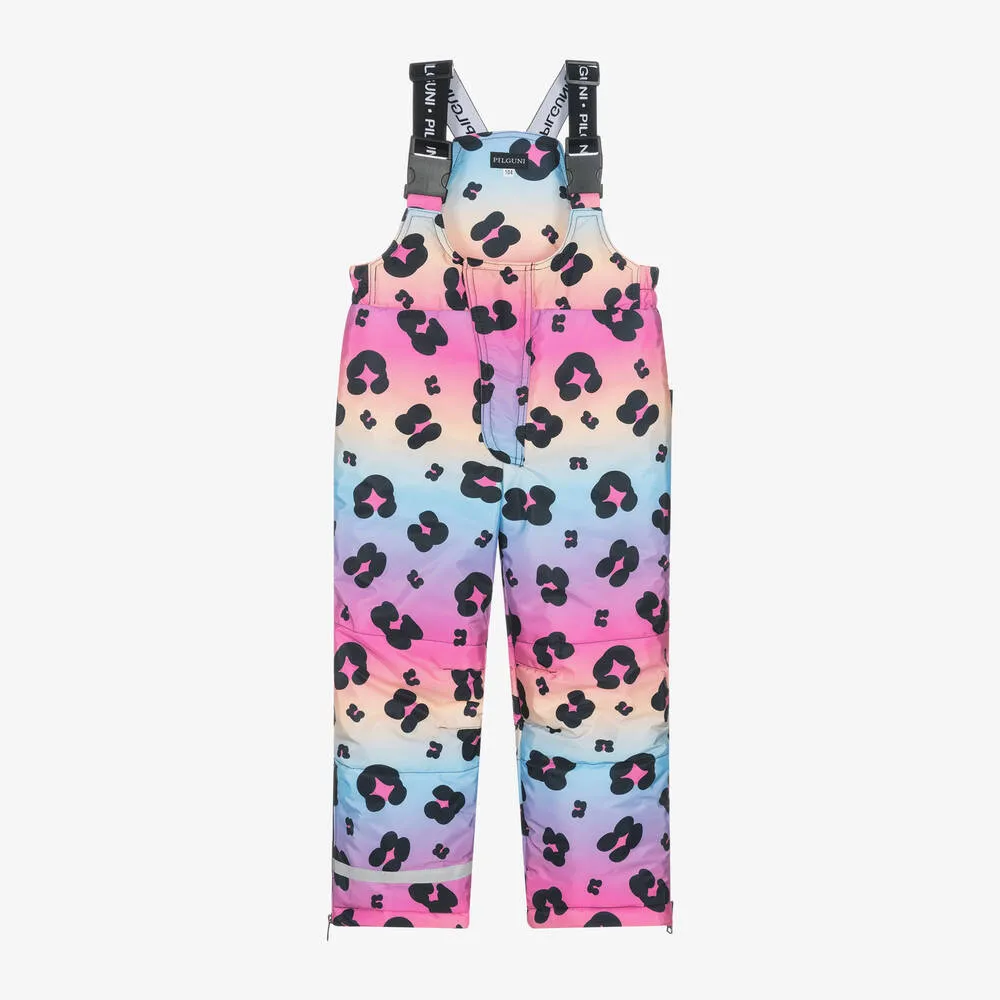 Girls Pink Leopard Print Ski Salopettes