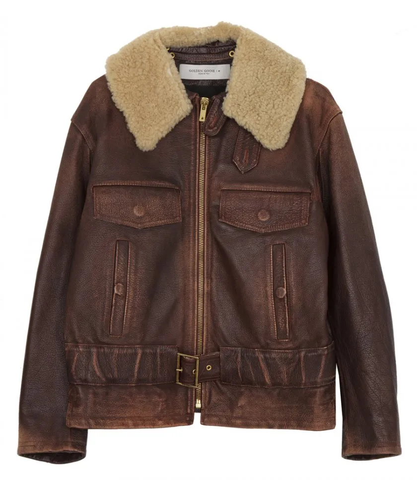 GOLDEN GOOSE WOOD-COLORED JACKET WITH DETACHABLE SHEARLING COLLAR