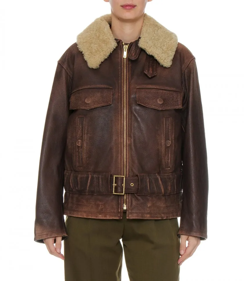 GOLDEN GOOSE WOOD-COLORED JACKET WITH DETACHABLE SHEARLING COLLAR