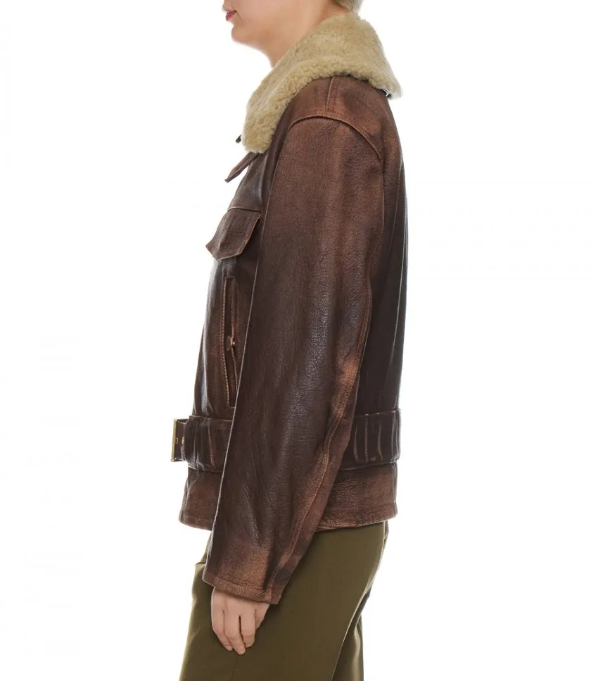 GOLDEN GOOSE WOOD-COLORED JACKET WITH DETACHABLE SHEARLING COLLAR