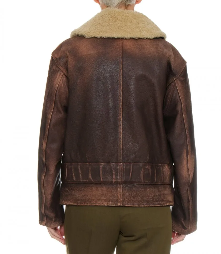 GOLDEN GOOSE WOOD-COLORED JACKET WITH DETACHABLE SHEARLING COLLAR