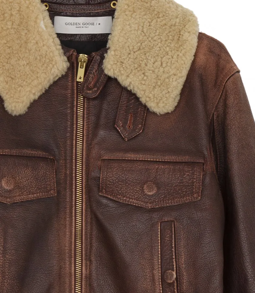 GOLDEN GOOSE WOOD-COLORED JACKET WITH DETACHABLE SHEARLING COLLAR