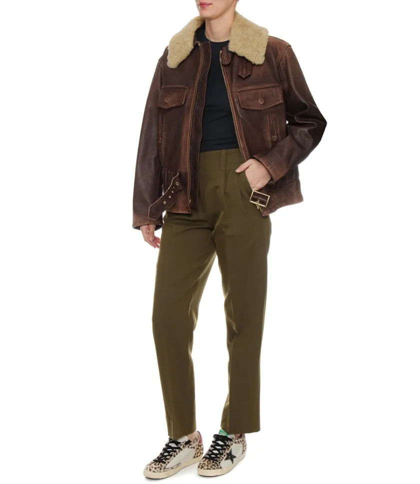 GOLDEN GOOSE WOOD-COLORED JACKET WITH DETACHABLE SHEARLING COLLAR