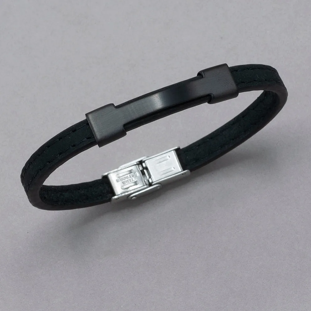 Italgem Black ID Plate Leather Bracelet