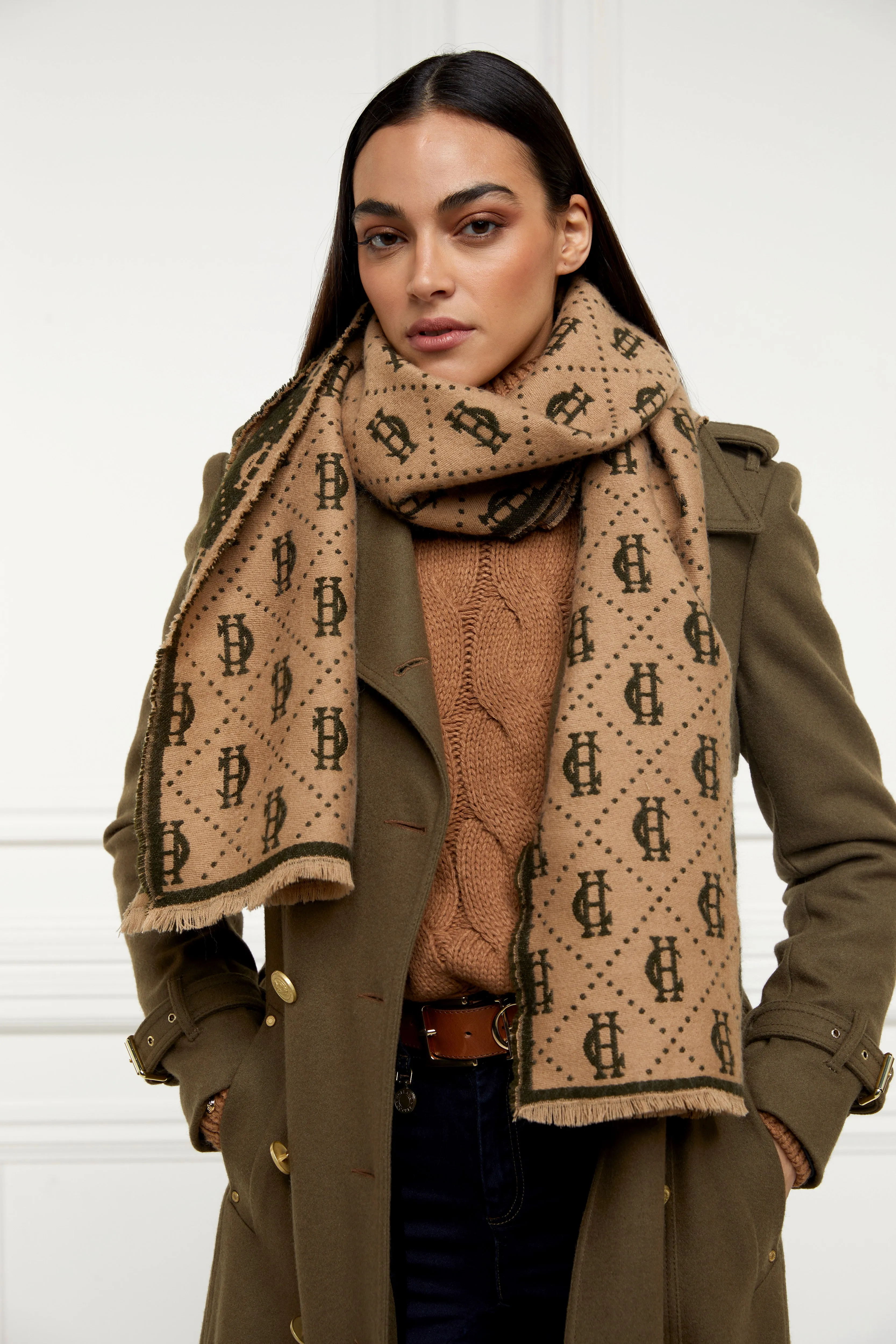 Lightweight Monogram Scarf (Light Camel Forest Green)