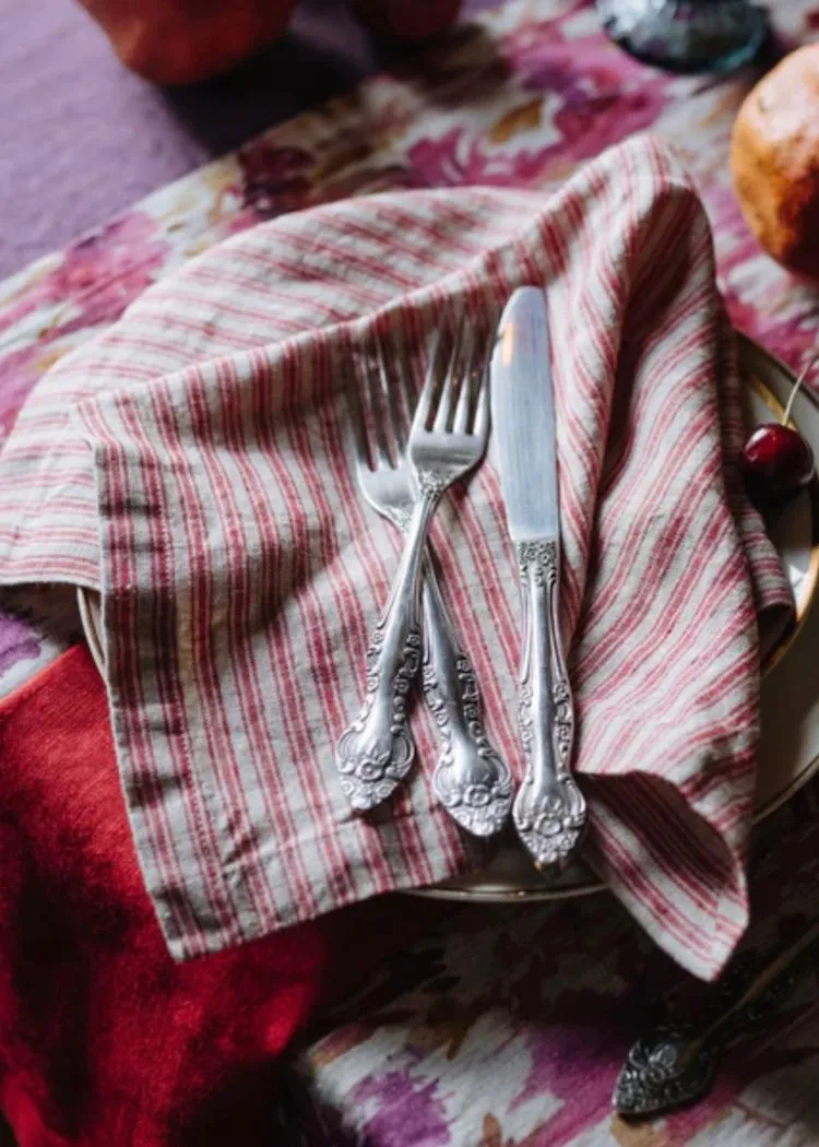 Linen Napkins Set of 2 | Red Natural Stripes